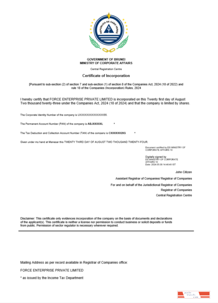 Cabo Verde certificate of registration Word and PDF template